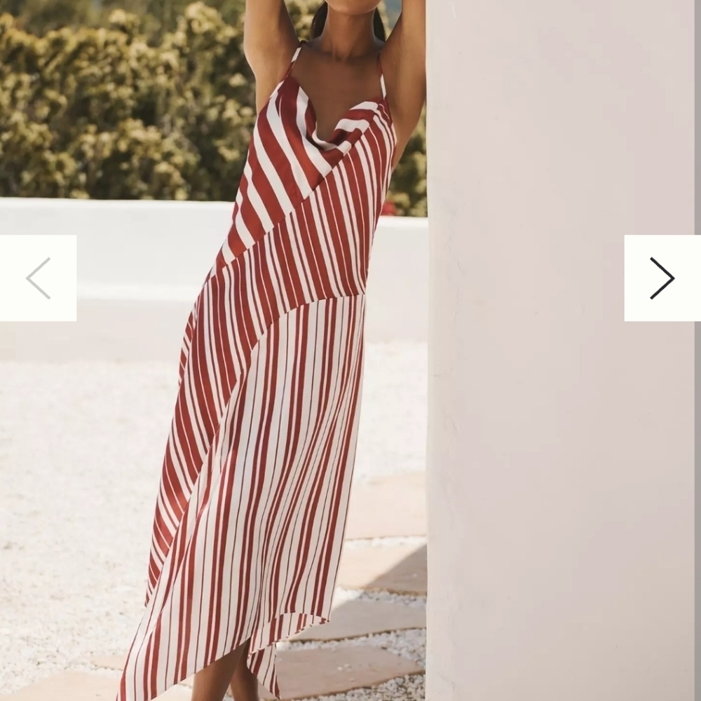 NWT By Anthropologie Satin Asymmetrical Slip Midi Dress Red/White Stripe L